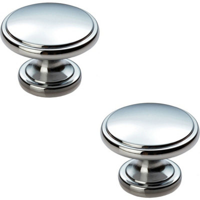 B&Q -  2X Ring Domed Cupboard Door Knob 38.5mm Diameter Polished Chrome Cabinet Handle