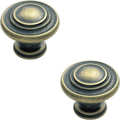 Loops 2X Round Ringed Pattern Door Knob 32mm Diameter Antique Brass Cabinet Handle from B&Q