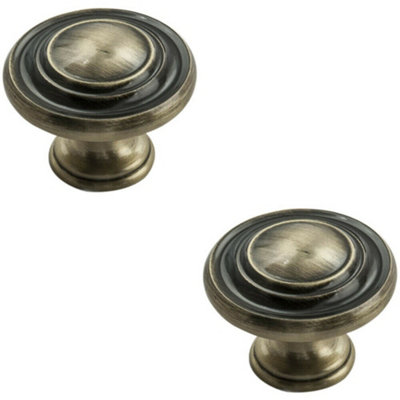 Loops 2X Round Ringed Pattern Door Knob 32mm Diameter Antique Burnished Brass Handle from B&Q