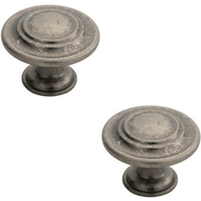 B&Q -  2X Round Ringed Pattern Door Knob 32mm Diameter Pewter Cabinet Handle