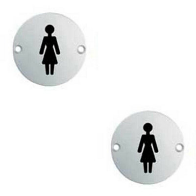 2X Bathroom Door Female Symbol Sign 64mm Fixing Centres 76mm Dia Polished Steel from B&Q