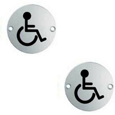2X Bathroom Door Disabled Symbol Sign 64mm Fixing Centres 76mm Dia Steel from B&Q