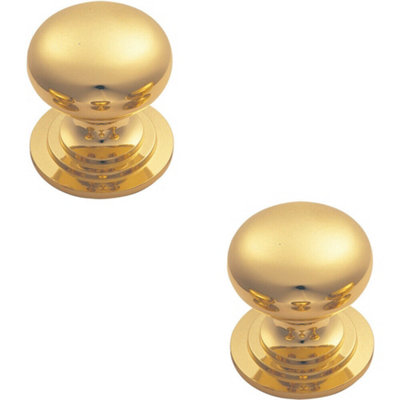 B&Q -  2X Victorian Round Cupboard Door Knob 25mm Dia Polished Brass Cabinet Handle