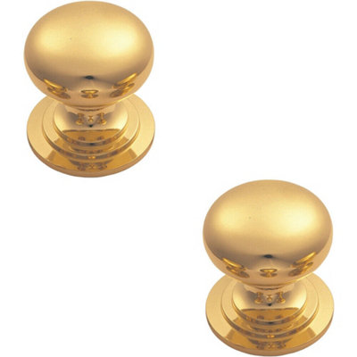 B&Q -  2X Victorian Round Cupboard Door Knob 32mm Dia Polished Brass Cabinet Handle