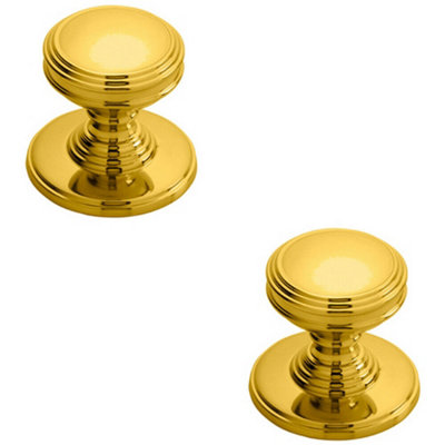B&Q -  2X Ringed Tiered Cupboard Door Knob 25mm Diameter Polished Brass Cabinet Handle