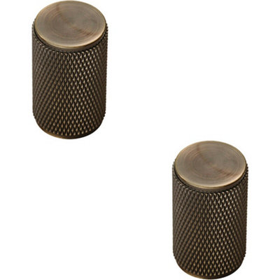B&Q -  2X Knurled Cylindrical Cupboard Door Knob 18mm Dia Antique Brass Cabinet Handle