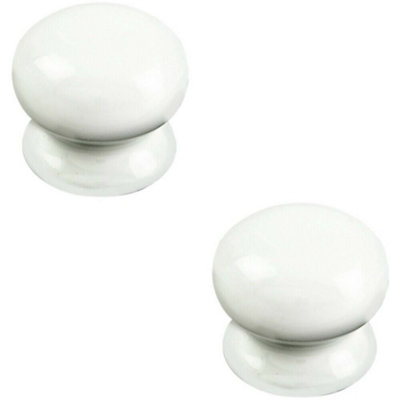 B&Q -  2X Round Porcelain Cupboard Door Knob 43mm Diameter White Antique Cabinet Handle