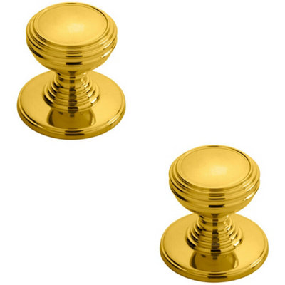 B&Q -  2X Ringed Tiered Cupboard Door Knob 30mm Diameter Polished Brass Cabinet Handle