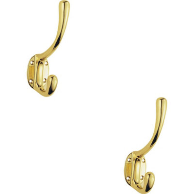  - 2X Heavyweight One Piece Hat & Coat Hook 76mm Projection Polished Brass