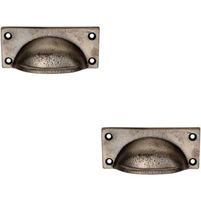 B&Q -  2X Square Plate Cabinet Cup Handle 90 X 40.5mm 77 X 28mm Fixings Pewter