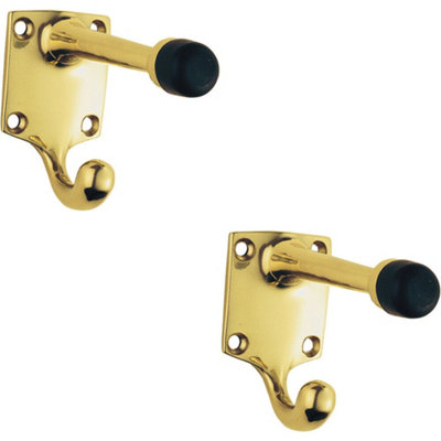 2X One Piece Hat & Coat Hook With Rubber Buffer 88mm Projection Polished Brass from B&Q