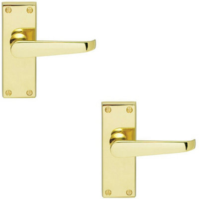 2X Straight Victorian Lever On Rectangular Latch Backplate Handle Polished Brass from B&Q