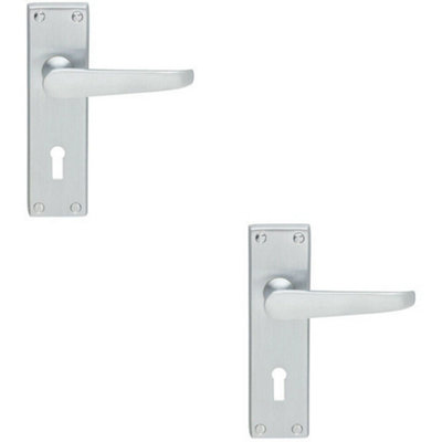  - 2X Pair Victorian Flat Lever On Lock Backplate Handle 150 X 42mm Satin Chrome