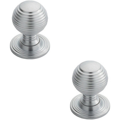 B&Q -  2X Textured Reeded Ball Cupboard Door Knob 35mm Dia Satin Chrome Handle