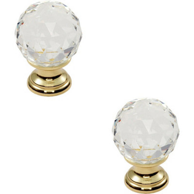 Loops 2X Faceted Crystal Cupboard Door Knob 25Mm Dia Polished Brass Cabinet Handle