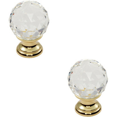 B&Q -  2X Faceted Crystal Cupboard Door Knob 31mm Dia Polished Brass Cabinet Handle