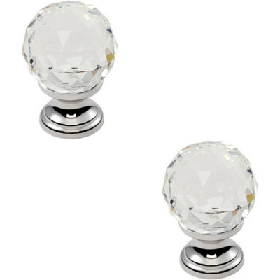 B&Q -  2X Faceted Crystal Cupboard Door Knob 31mm Dia Polished Chrome Cabinet Handle