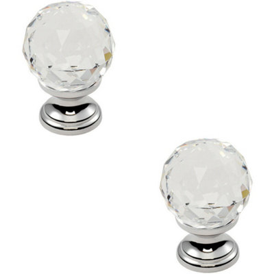 B&Q -  2X Faceted Crystal Cupboard Door Knob 35mm Dia Polished Chrome Cabinet Handle