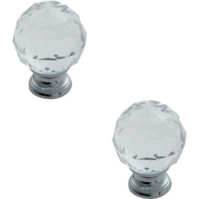 Loops 2X Faceted Crystal Cupboard Door Knob 40Mm Dia Polished Chrome Cabinet Handle