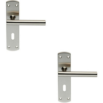  - 2X Mitred T Bar Lever Door Handle On Lock Backplate 172 X 44mm Satin Steel