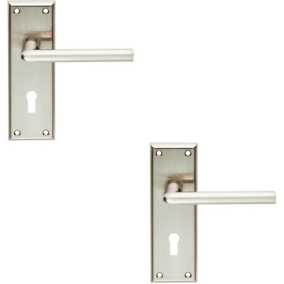  - 2X Pair Rounded Lever On Lock Backplate Door Handle 150 X 50mm Satin Nickel