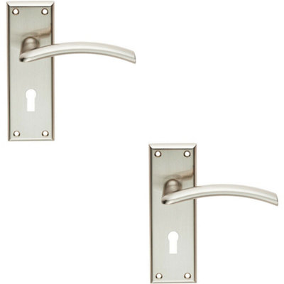  - 2X Pair Arched Lever On Lock Backplate Door Handle 150 X 50mm Satin Nickel