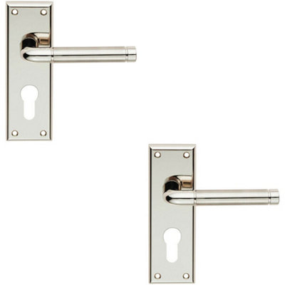  - 2X Pair Round Bar Lever On Euro Lock Backplate 150 X 50mm Polished Satin Nickel