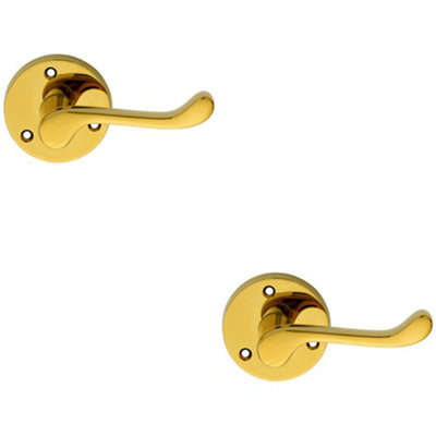  - 2X Pair Victorian Scroll Lever On 58mm Round Rose Polished Brass Door Handle