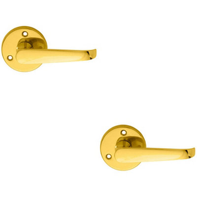  - 2X Pair Victorian Straight Shaped Lever On 59mm Round Rose Polished Brass Handle