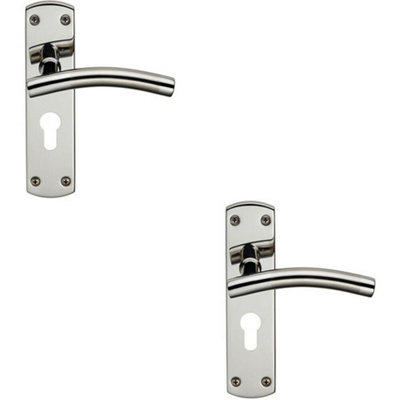 B&Q 2X Curved Lever On Euro Lock Backplate Handle 172 X 44Mm Polished & Satin Steel