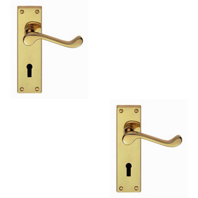 B&Q 2X Pair Victorian Scroll Handle On Lock Backplate 150 X 43Mm Polished Brass