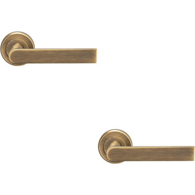  - 2X Pair Flat Rectangular Bar Handle On Round Rose Concealed Fix Antique Brass