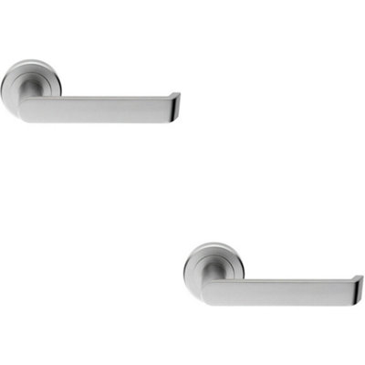  - 2X Pair Flat Faced Lever On Round Rose Chamfered Edge Concealed Fix Satin Chrome