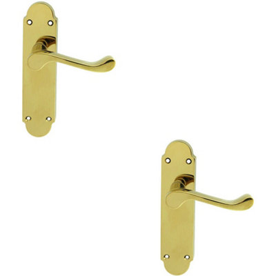 - 2X Pair Victorian Upturned Handle On Latch Backplate 170 X 42mm Polished Brass