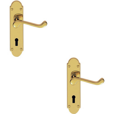  - 2X Pair Victorian Upturned Handle On Lock Backplate 170 X 42mm Polished Brass
