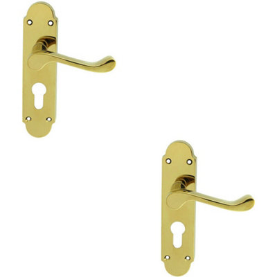  - 2X Pair Victorian Upturned Lever On Euro Lock Backplate 170 X 42 Polished Brass