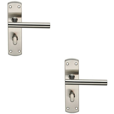  - 2X Mitred T Bar Lever On Bathroom Backplate Handle Thumbturn Lock Satin Steel