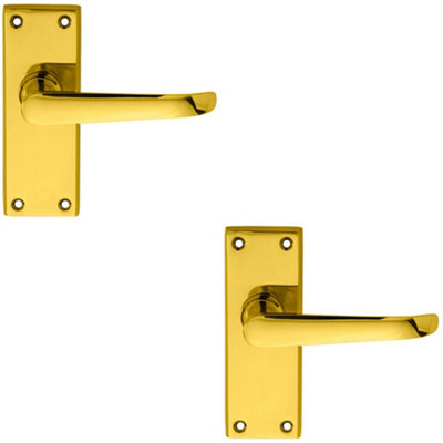B&Q 2X Pair Straight Victorian Handle On Latch Backplate 150 X 42Mm Polished Brass