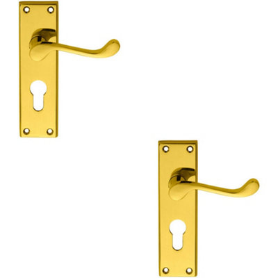 B&Q 2X Pair Victorian Scroll Lever On Euro Lock Backplate 150 X 43Mm Polished Brass
