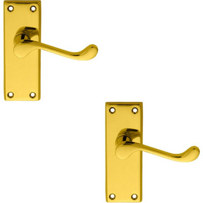 B&Q 2X Pair Victorian Scroll Lever On Short Latch Backplate 118 X 43Mm Brass