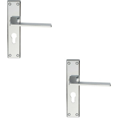  - 2X Flat Straight Lever On Euro Lock Backplate Handle 180 X 40mm Polished Chrome