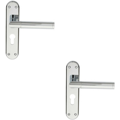  - 2X Round Bar Lever On Euro Lock Backplate Door Handle 180 X 40mm Polished Chrome