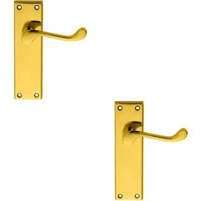 B&Q 2X Pair Victorian Scroll Lever On Sweedor Latch Backplate 150 X 43Mm Brass