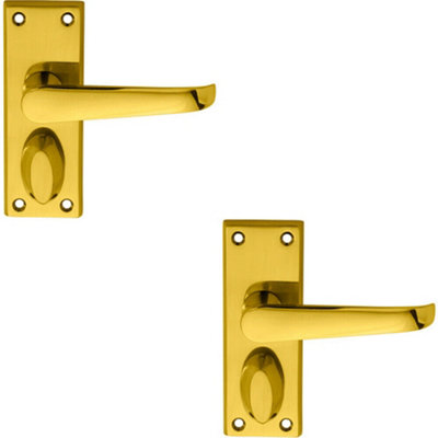  - 2X Pair Straight Handle On Short Privacy Backplate 118 X 42mm Polished Brass