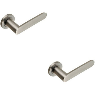  - 2X Pair Flat Faced Straight Handle On Round Rose Concealed Fix Satin Steel