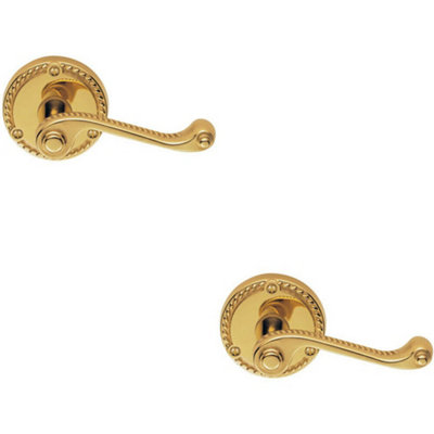  - 2X Pair Georgian Scroll Handle On Round Rose Rope Design Pattern Polished Brass