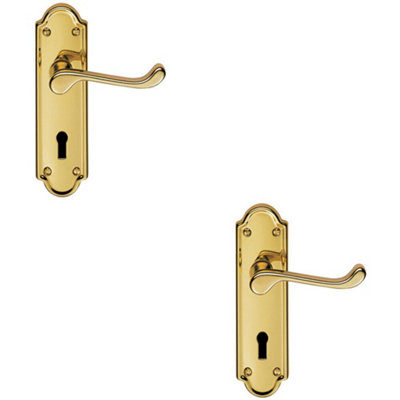 B&Q 2X Pair Victorian Upturned Handle On Lock Backplate 168 X 47Mm Polished Brass