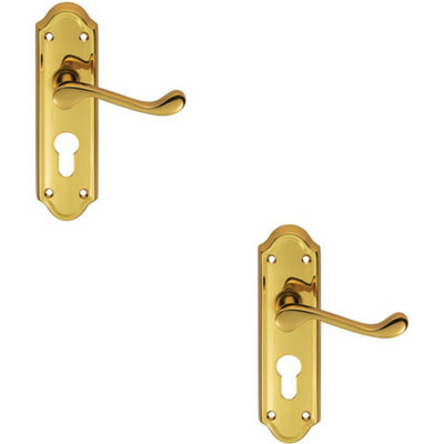 B&Q 2X Pair Victorian Upturned Lever On Euro Lock Backplate 168 X 47Mm Brass