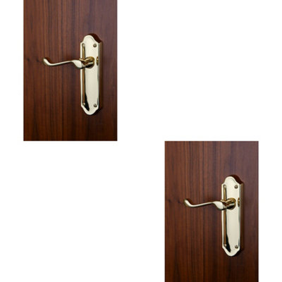 2X Pair Victorian Upturned Handle On Latch Backplate 168 X 47mm Polished Brass from B&Q