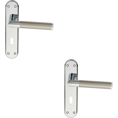 B&Q 2X Round Bar Lever On Lock Backplate Door Handle 180 X 40Mm Chrome & Nickel